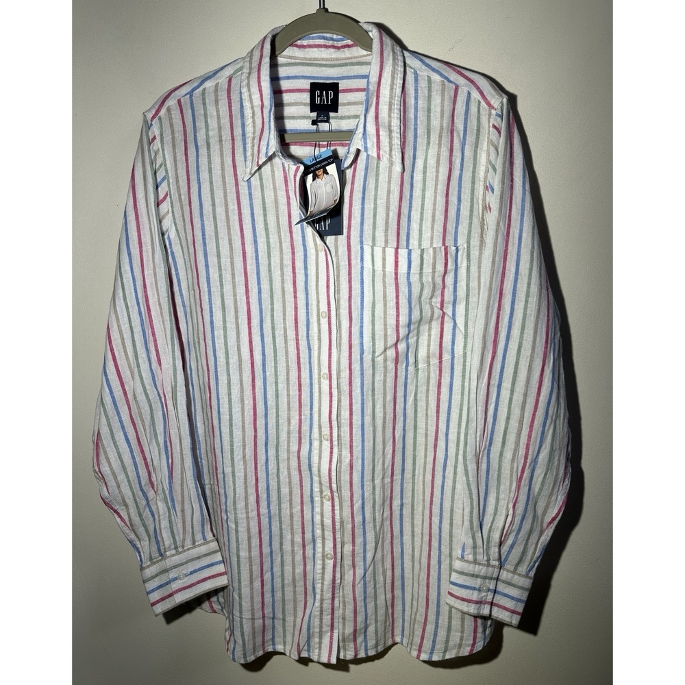 GAP Linen Blend White Colorful Striped Long Sleeve Button Up Shirt Women's L NWT